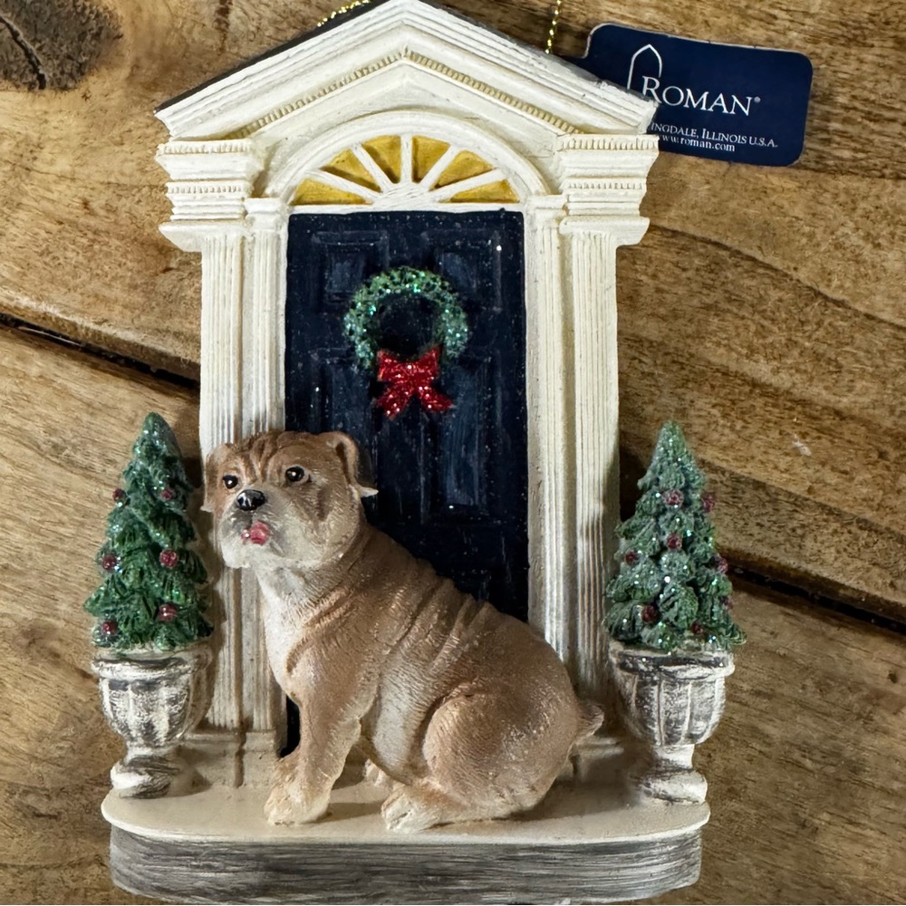 Roman  Boxer Holiday Dog Ornament with Wreath and Trees